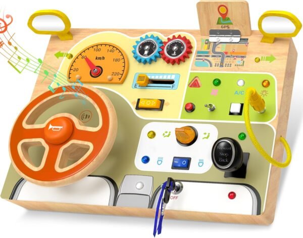 wooden busy board car steering wheel