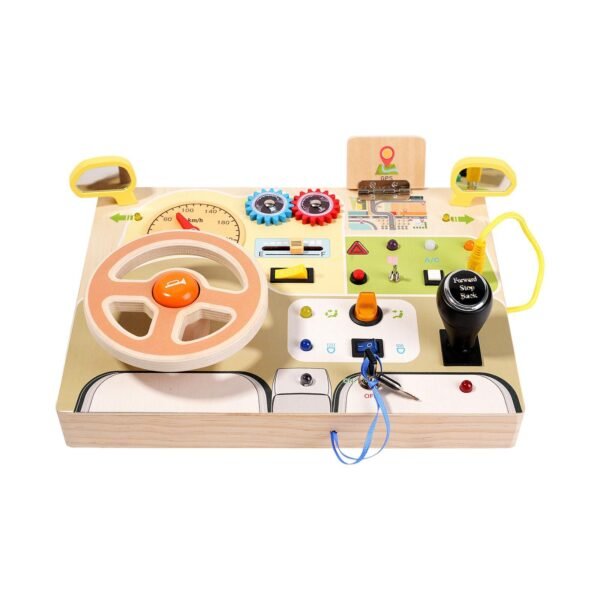 wooden busy board car steering wheel